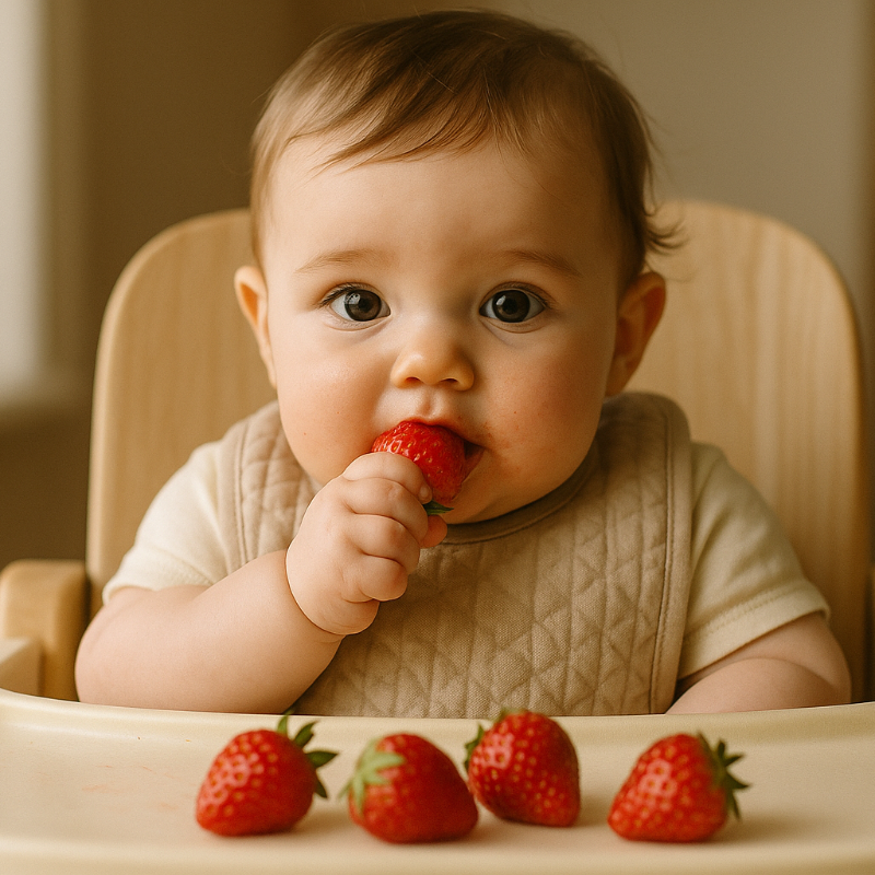 génère un bébé assis réaliste dans sa chaise entrain de manger des fraises taille 400x400