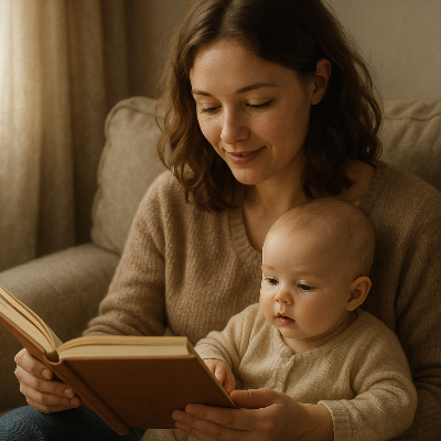 une maman entrain de lire un livre à son bébé assis à côté de sa maman