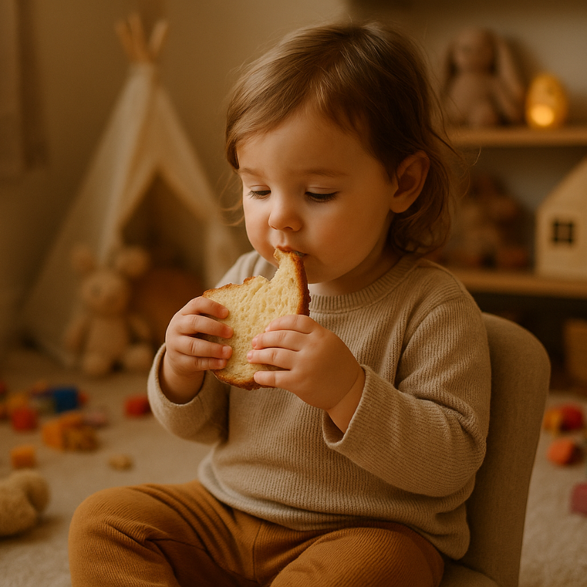 une petite fille réaliste assise dans sa salle de jeu entrain de manger un morceau de pain