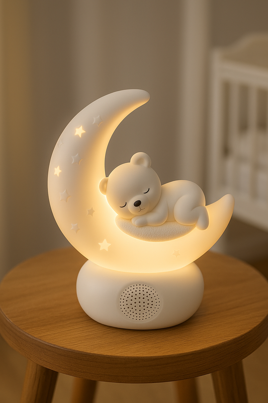 Veilleuse bruit blanc bébé en forme d'ours sur une lune, douce lumière apaisante pour le sommeil