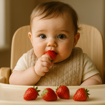 génère un bébé assis réaliste dans sa chaise entrain de manger des fraises taille 400x400